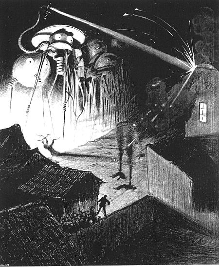 Martian tripodal vehicles destroy an English town, as depicted by the Brazilian artist Henrique Alvim Corréa for a 1906 Belgian edition of the novel.